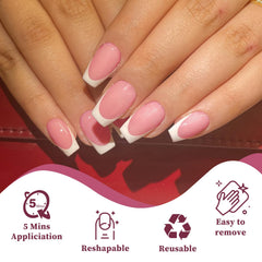 Lifextol white French-tip press-on nails on pink base for DIY manicure