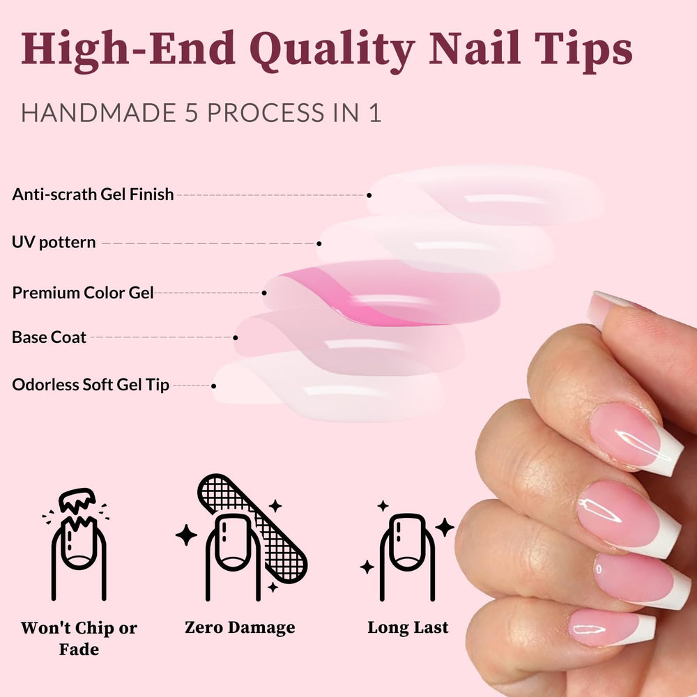 Pre-shaped short nails resist chipping for everyday wear
