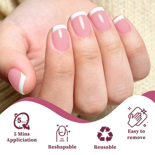 Lifextol white French-tip short square nails with adhesive tabs for quick application.
