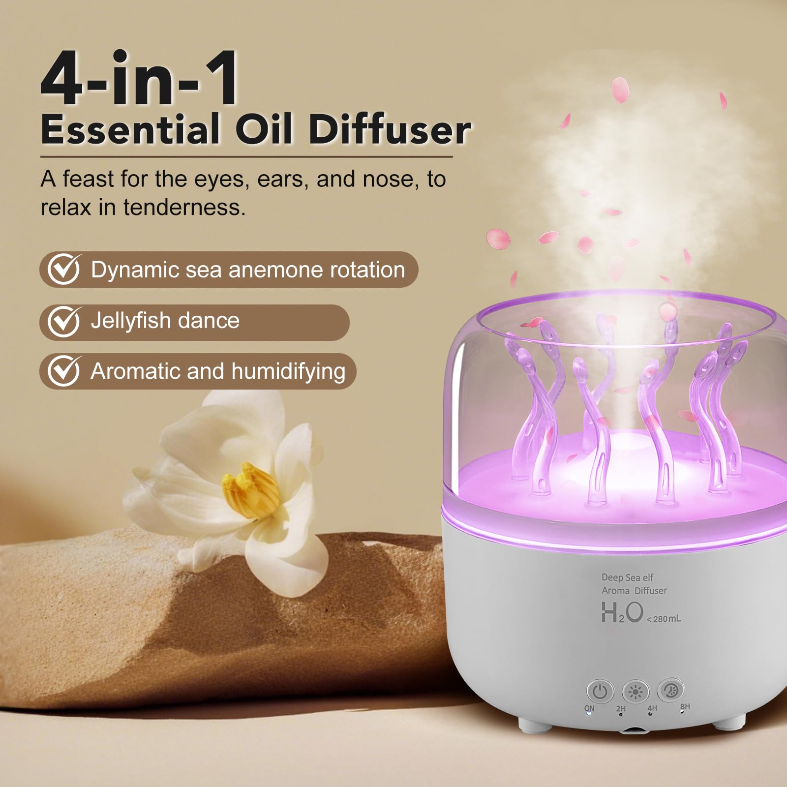 Bedroom scene with diffuser emitting mist at night