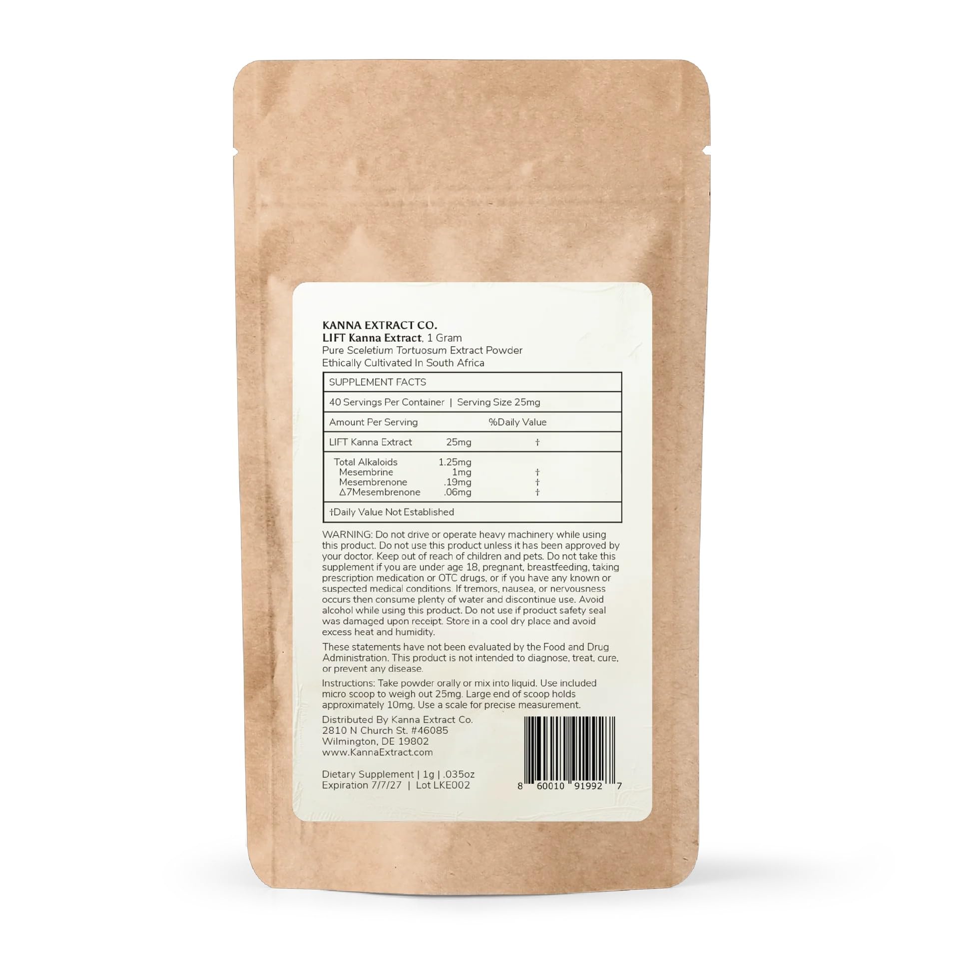 Packaging of Lift Kanna Extract Powder showing branding and 1 g jar
