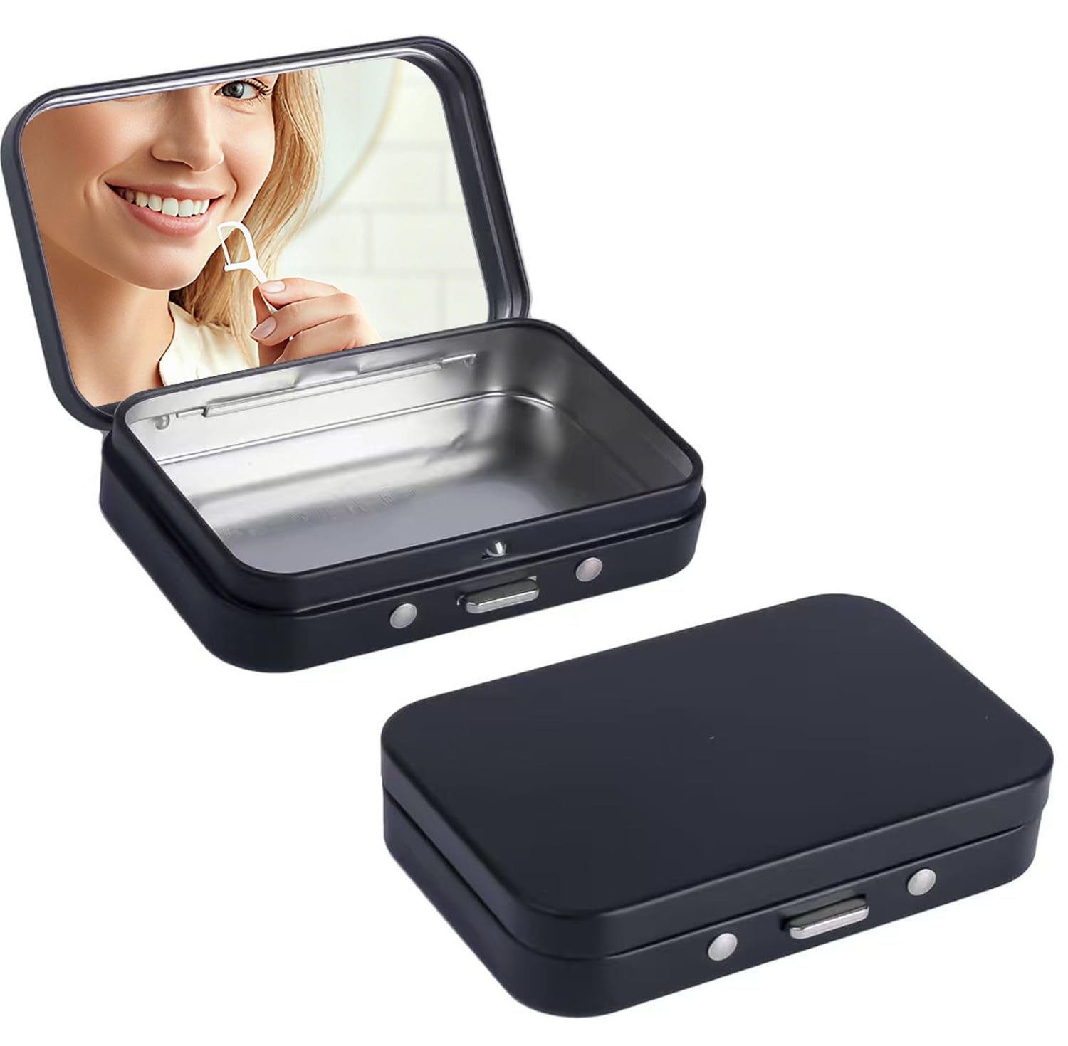 LIGHUFEIC black 2-pack dental floss portable case with mirror – front view
