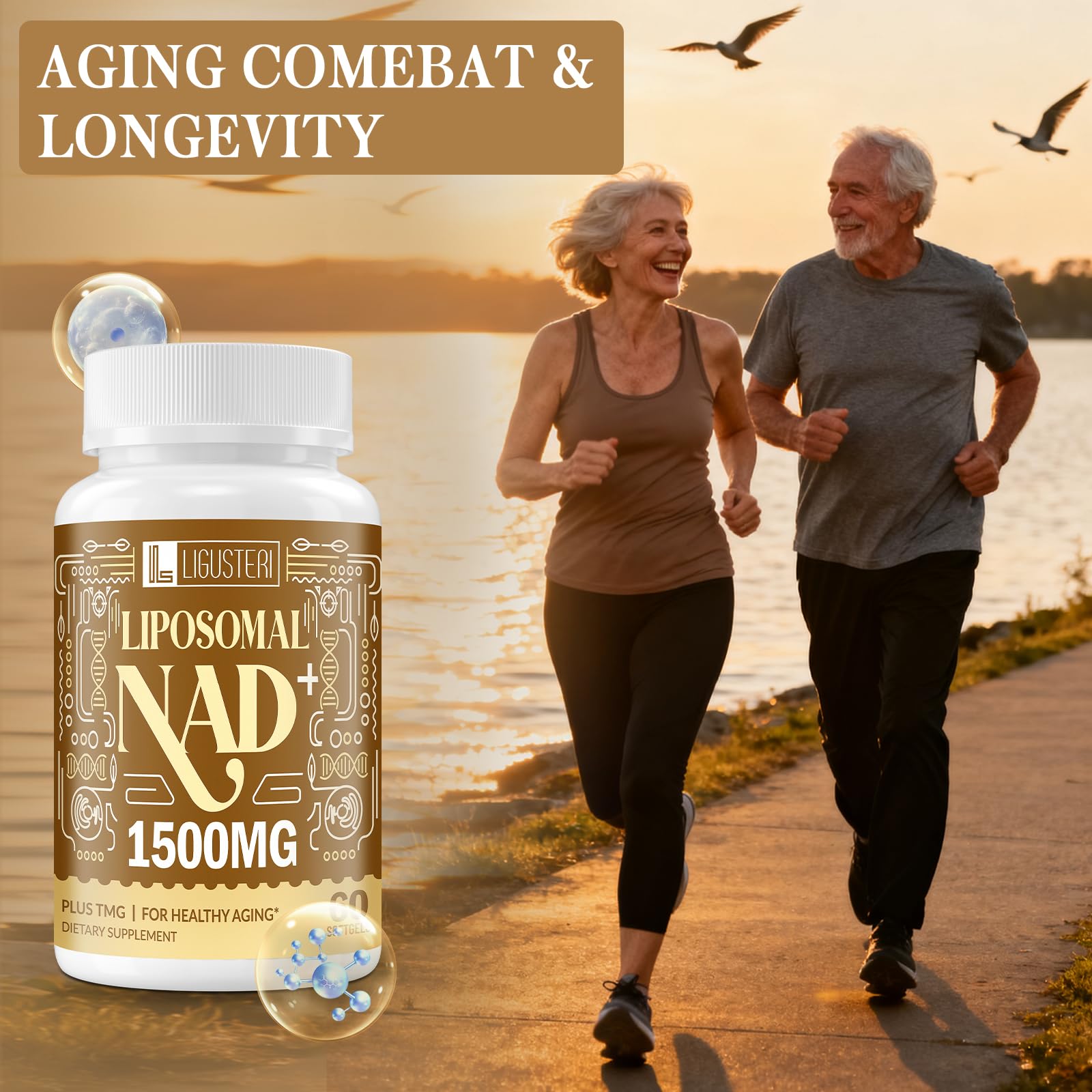 Packaging display highlights LIGUSTERI brand and NAD+ benefits.