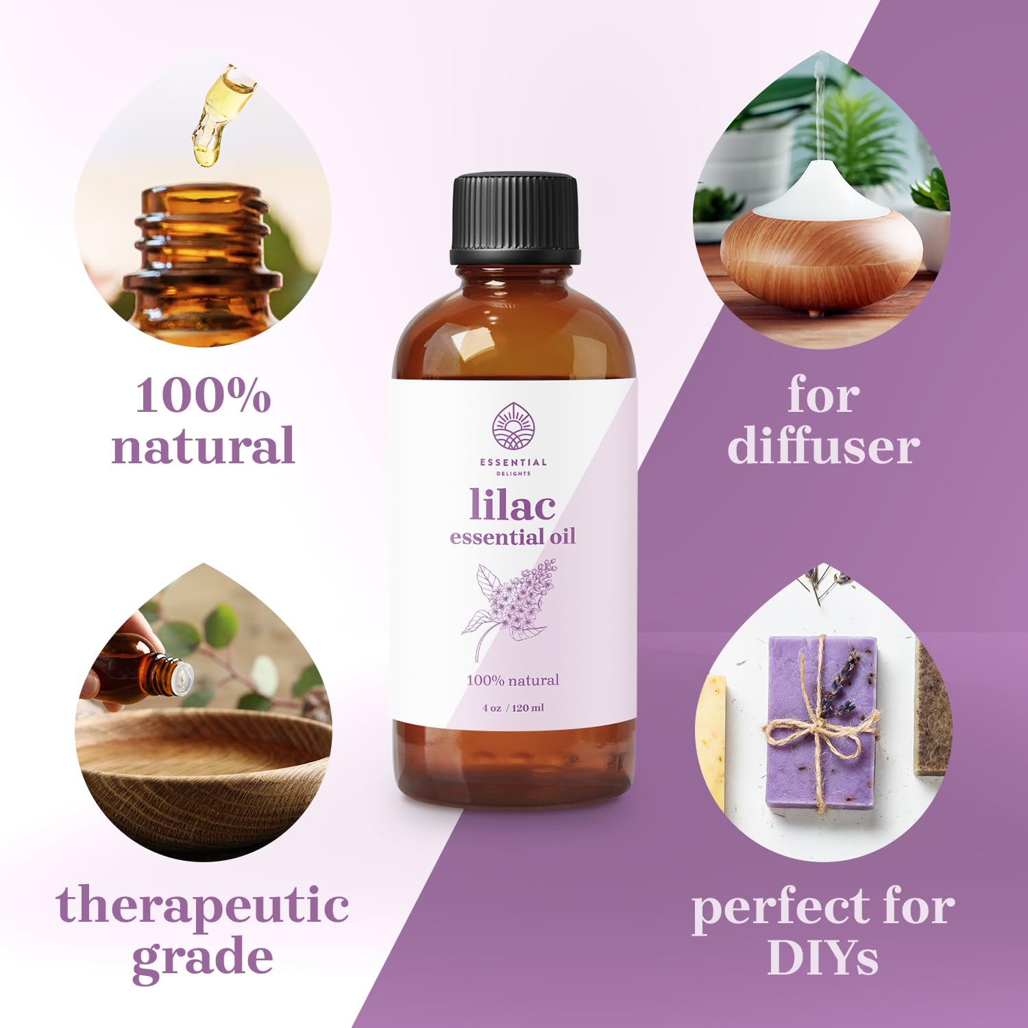 Essential Delights Lilac Essential Oil packaging and bottle