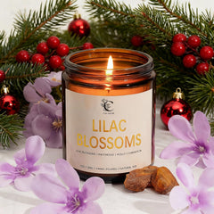 7oz lilac and floral scented candle in amber glass jar