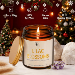 Close-up of candle label with lilac illustration