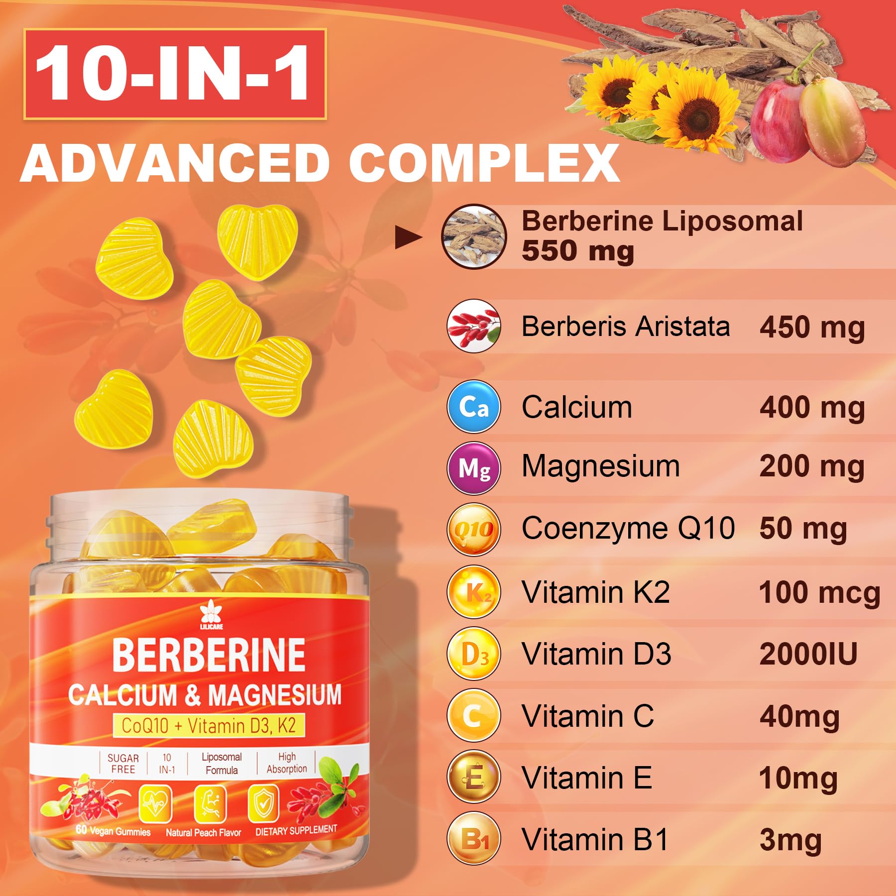 Ingredient panel showing Berberine, CoQ10, Magnesium, Calcium