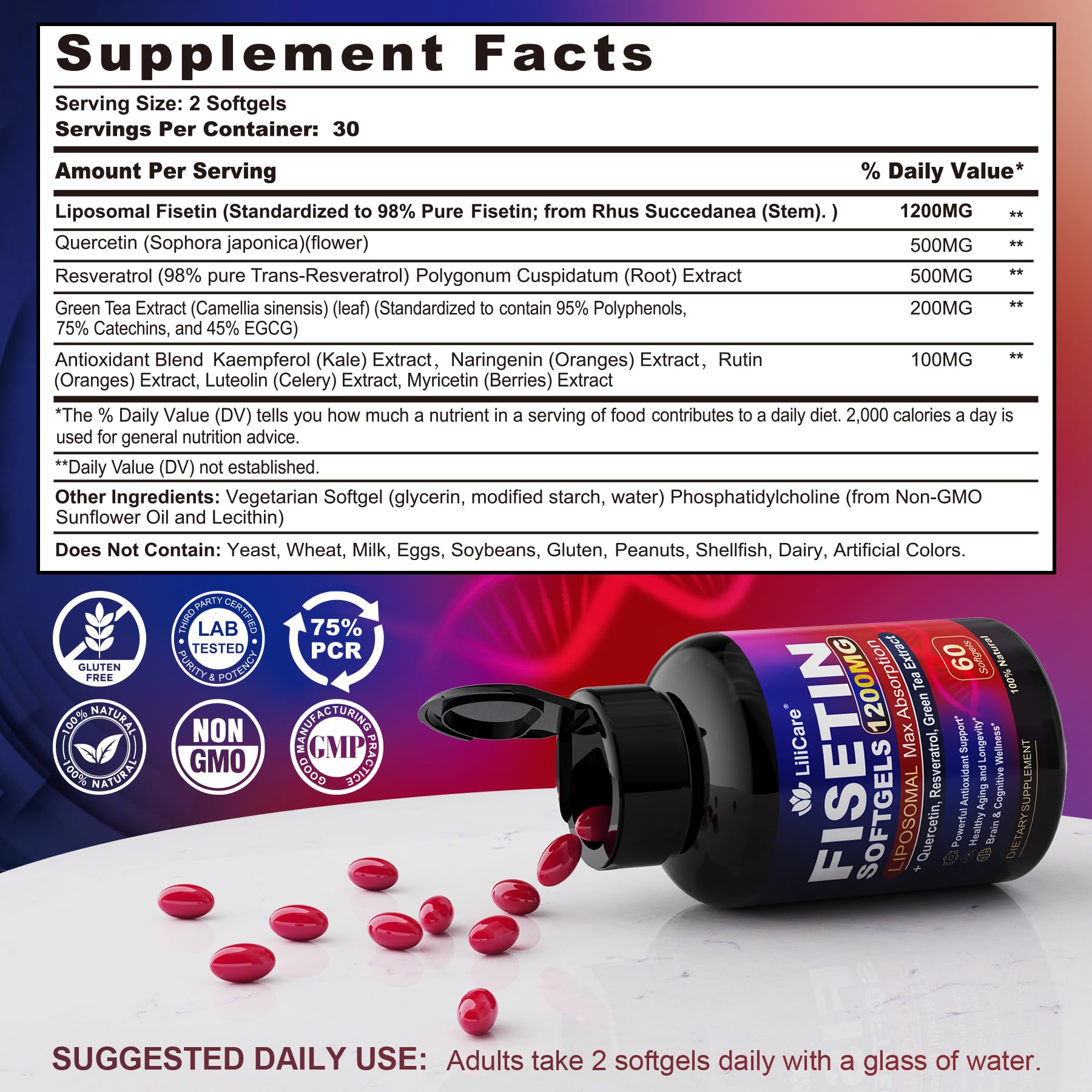 LILICARE Fisetin Liposomal Softgels packaging close-up