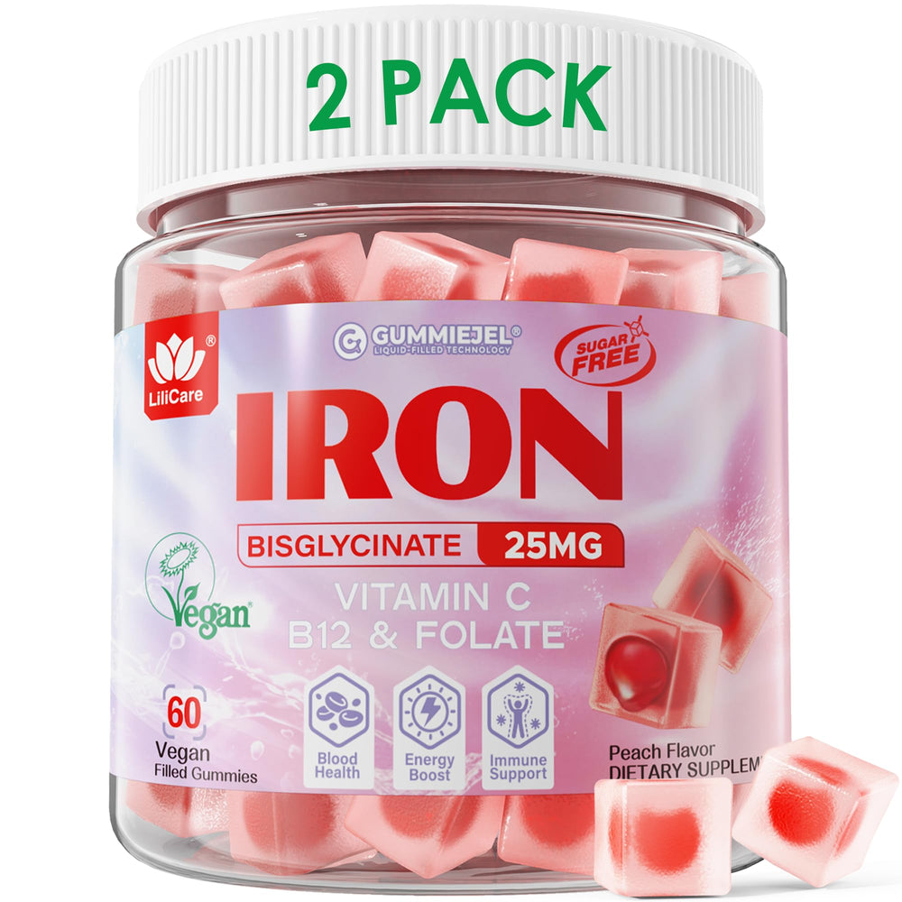 Front of LILICARE Vegan Iron Gummies for Women packaging with peach flavor