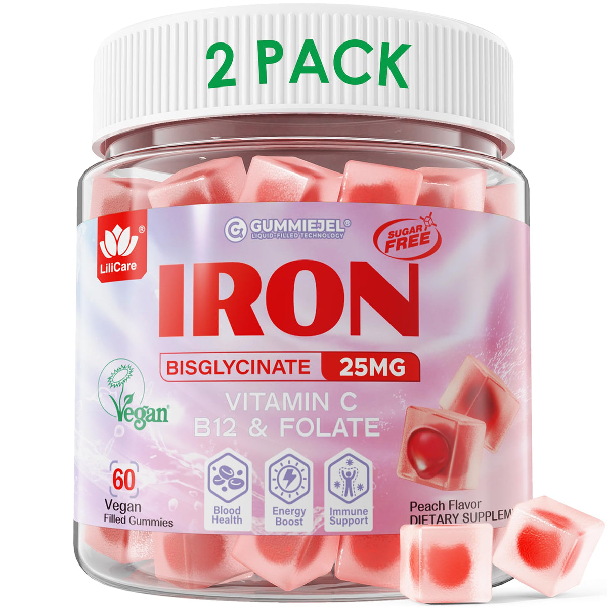 Front of LILICARE Vegan Iron Gummies for Women packaging with peach flavor
