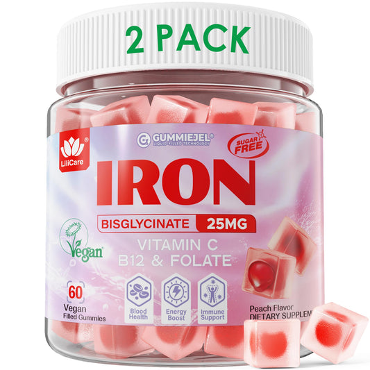 Front of LILICARE Vegan Iron Gummies for Women packaging with peach flavor