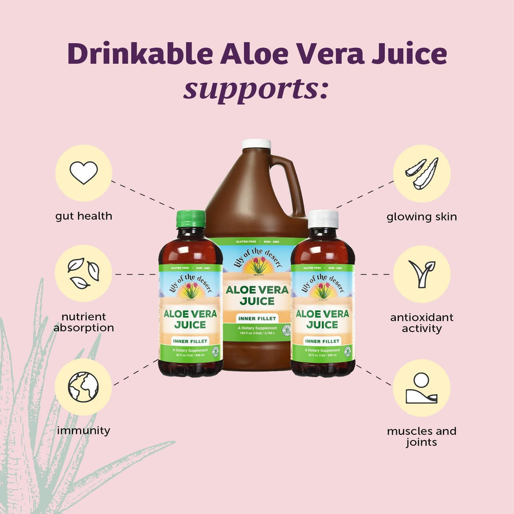 Pouring Lily of the Desert Aloe Vera Juice into a glass