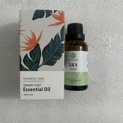 Close-up of Lily essential oil bottle with dropper