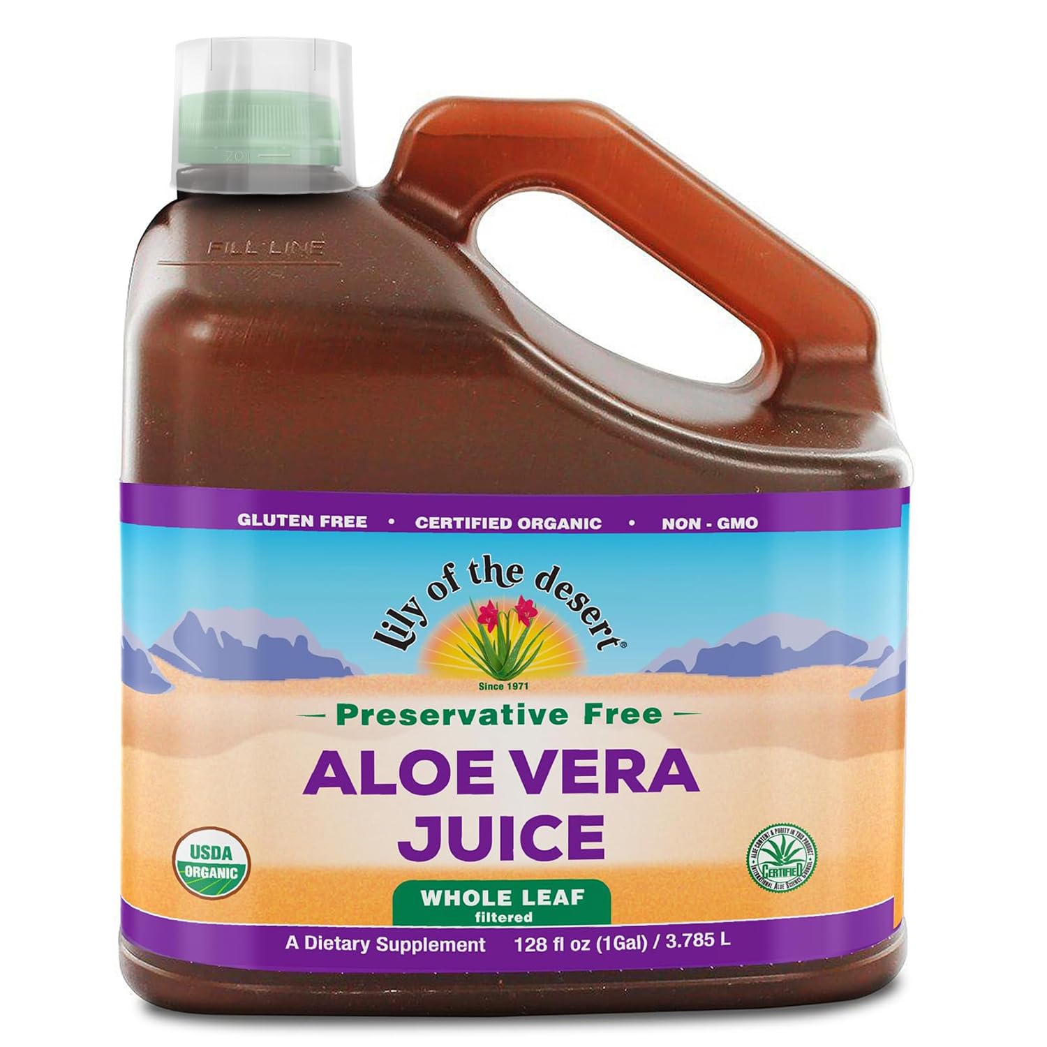 128 oz Lily of the Desert Aloe Vera juice bottle with measuring cup
