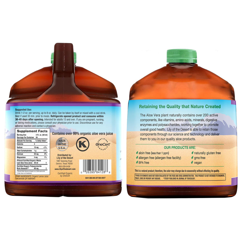Aloe vera juice label showing organic and preservative-free claims