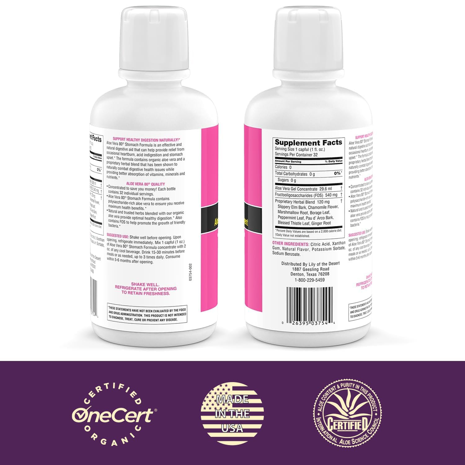 Ingredients panel for Lily of the Desert Aloe Vera 80 Stomach Formula