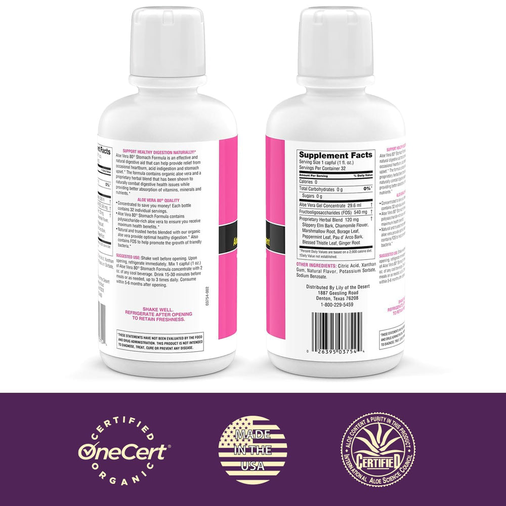 Ingredients panel for Lily of the Desert Aloe Vera 80 Stomach Formula