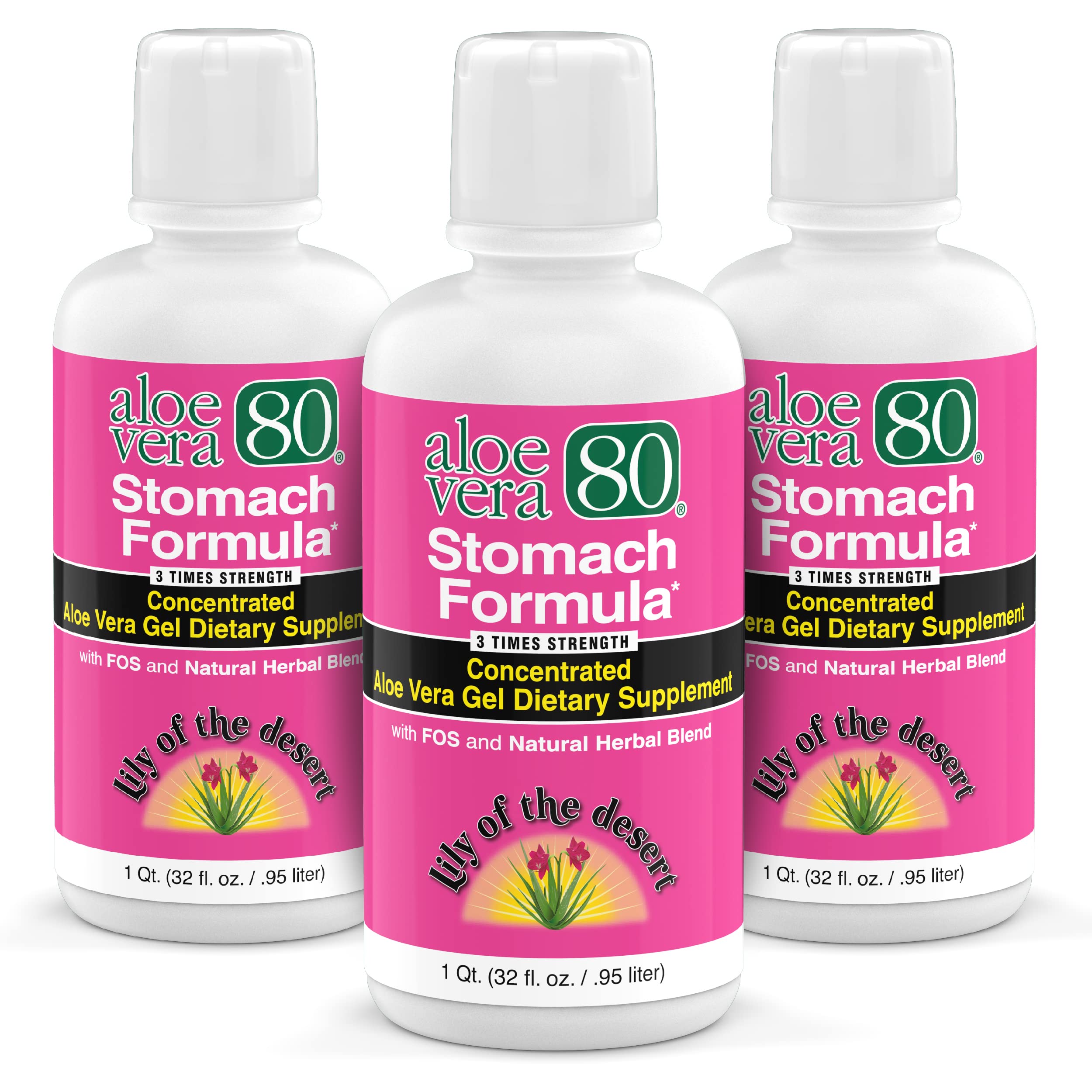 Front view of Lily of the Desert Aloe Vera 80 Stomach Formula pack of 3 bottles