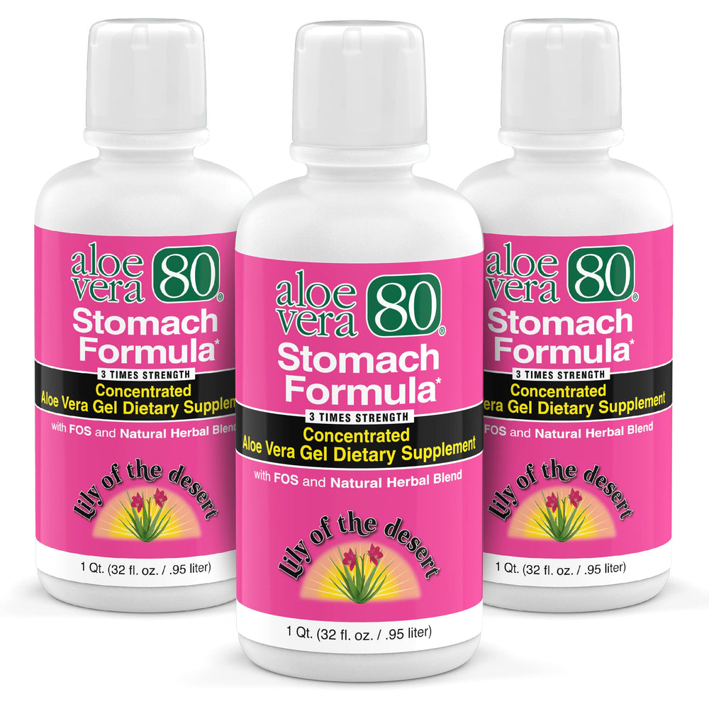 Front view of Lily of the Desert Aloe Vera 80 Stomach Formula pack of 3 bottles