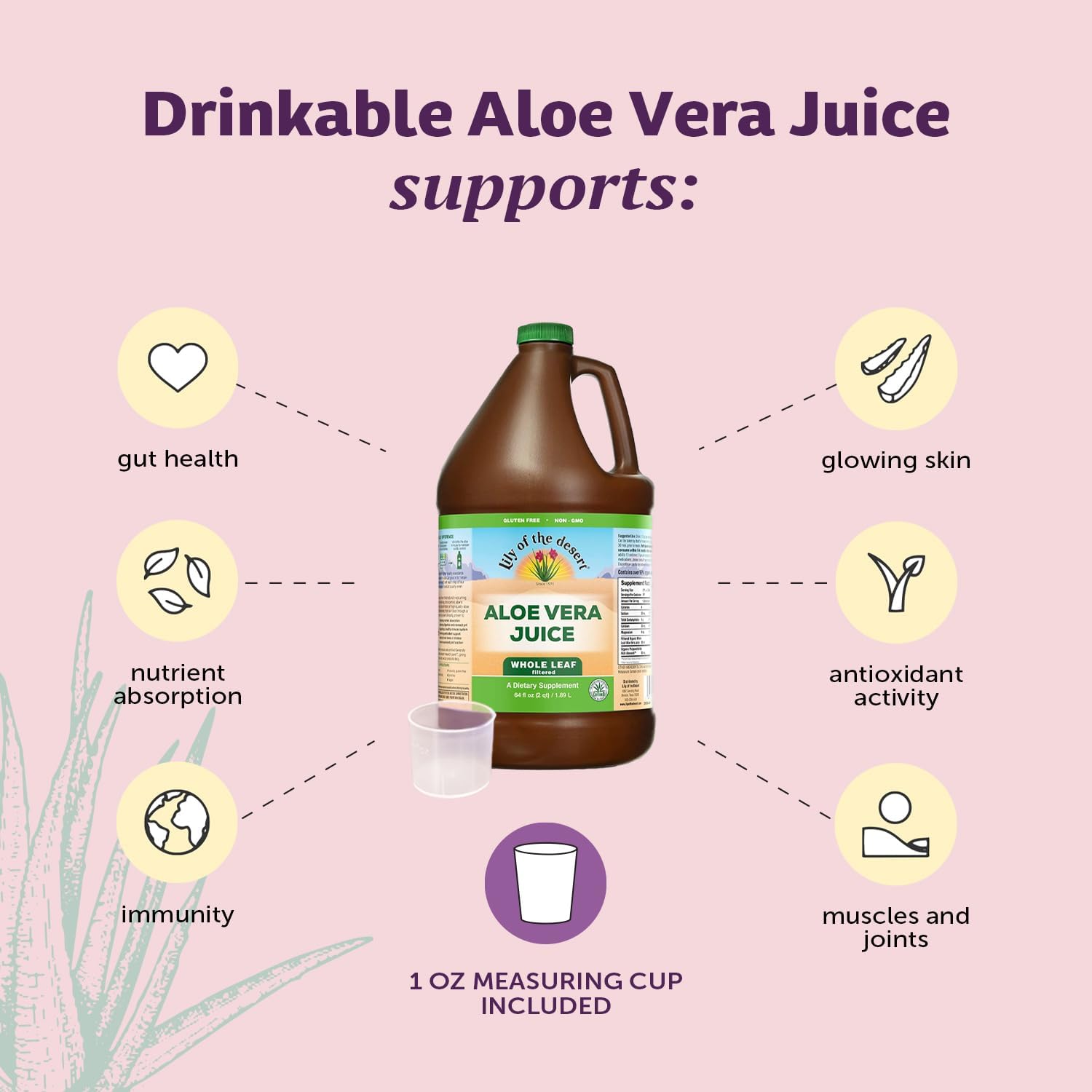 Side view of Lily Of The Desert Aloe Vera Juice bottle