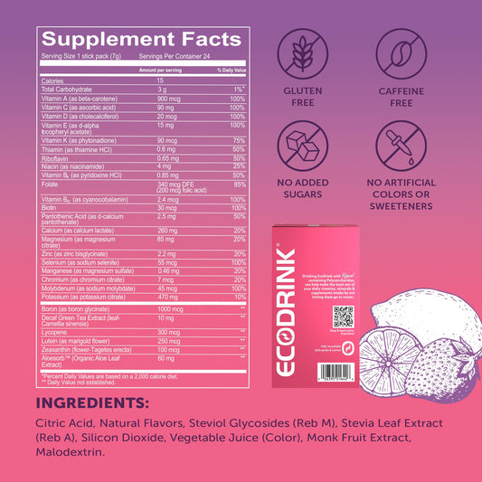 Close-up of Lily of the Desert EcoDrink Strawberry Lemonade hydration packets showing Aloe Vera and electrolytes