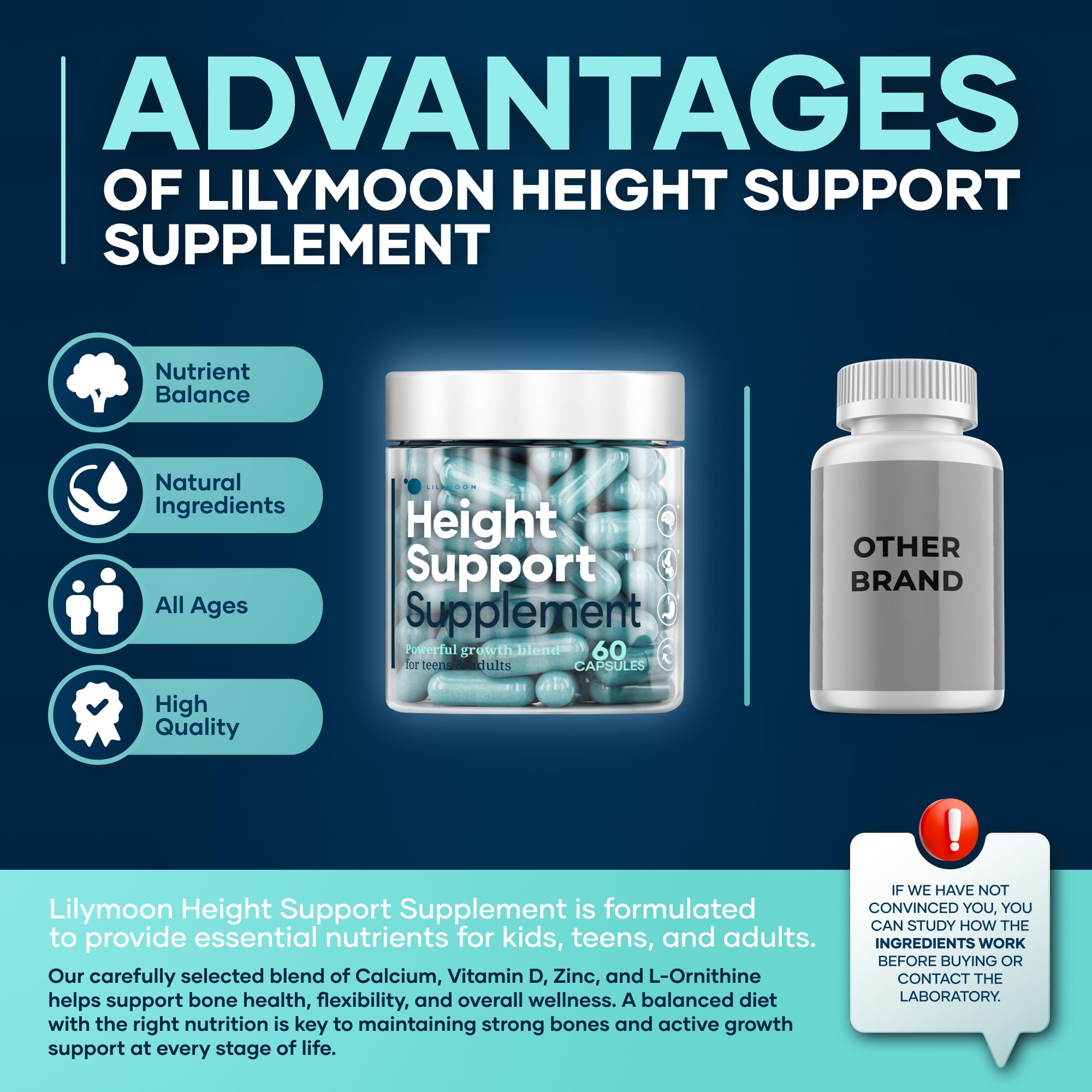 LilyMoon Height and Bone capsules closeup emphasizes easy to swallow format