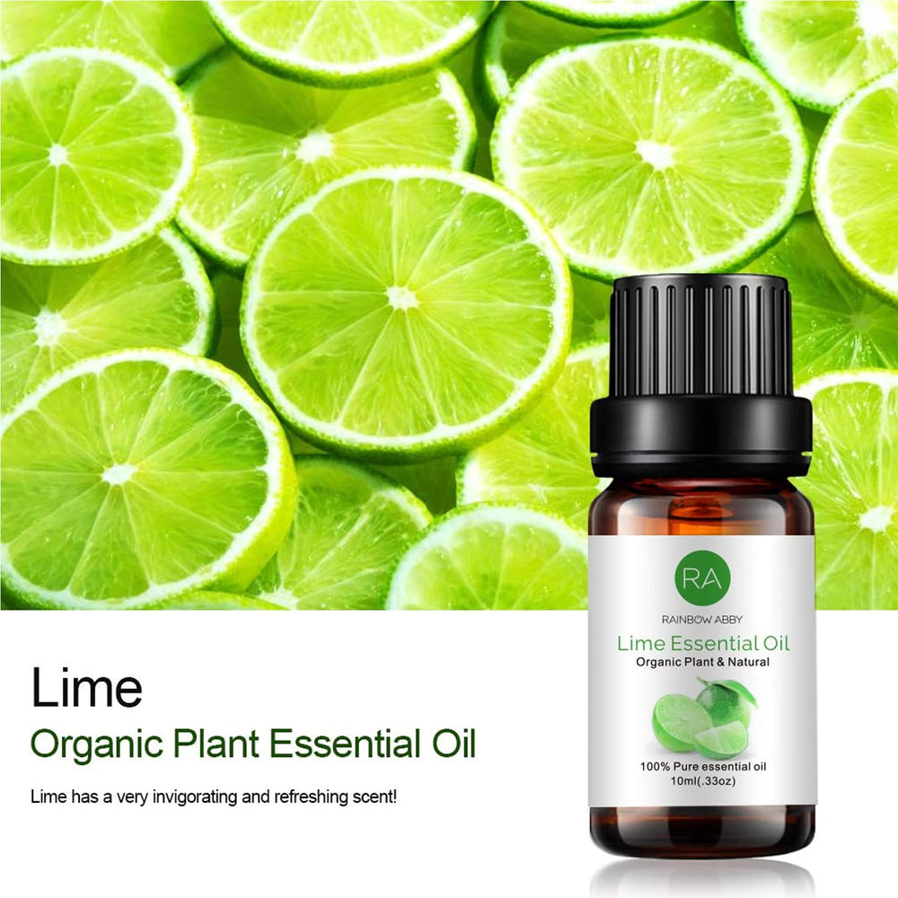 Close-up of Lime Essential Oil bottle with label