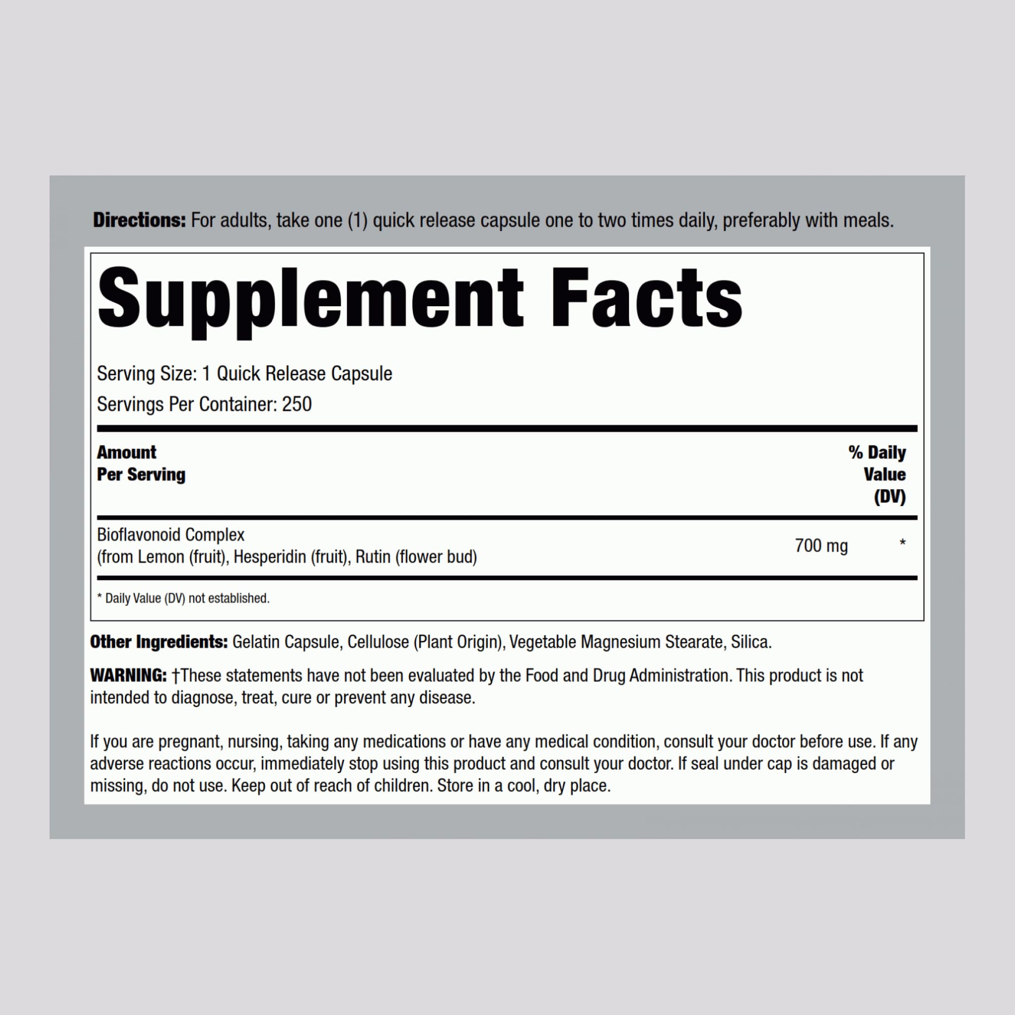 Close-up of bottle label showing 250 capsules