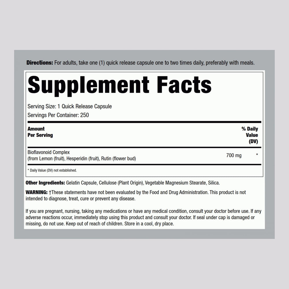 Close-up of bottle label showing 250 capsules