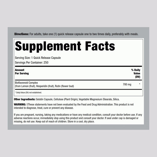 Close-up of bottle label showing 250 capsules