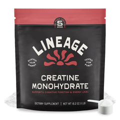 Lineage Provisions micronized creatine powder in a jar for easy mixing.
