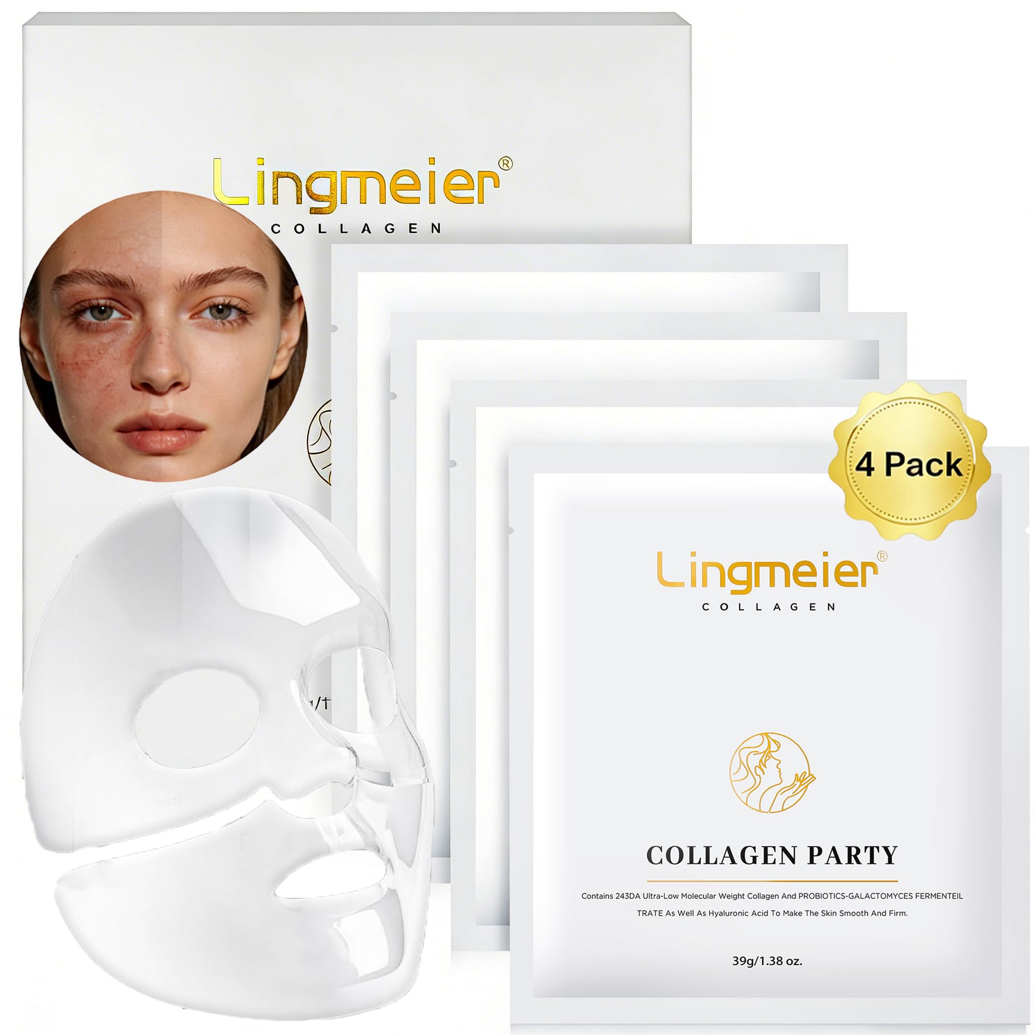 Lingmeier packaging close-up; premium collagen mask for deep hydration.