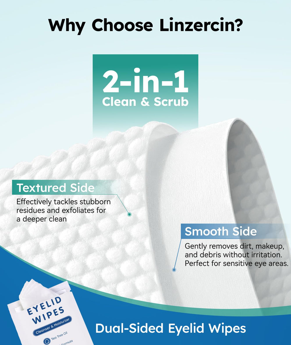 Linzercin Eyelid Cleansing Wipes close-up showing tea tree oil formula for gentle care.