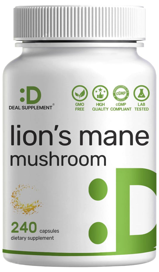 Front view of Lion's Mane Mushroom Supplement bottle with 240 capsules