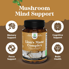 Close-up of Lion's Mane supplement 5-in-1 blend ingredients including shiitake, maitake, chaga and reishi