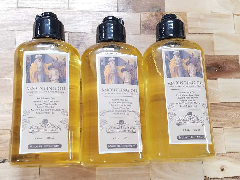 Close-up of Frankincense, Myrrh and Spikenard ingredients in 120ml anointing oil