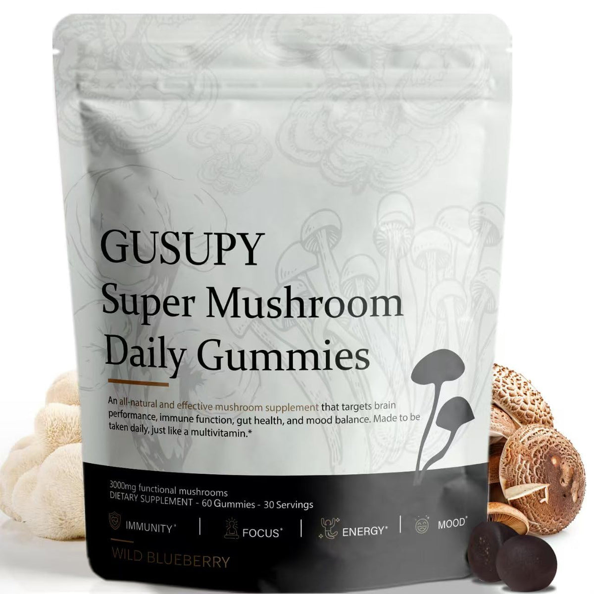 Lions Mane Mushroom Gummies bottle with blueberry flavor