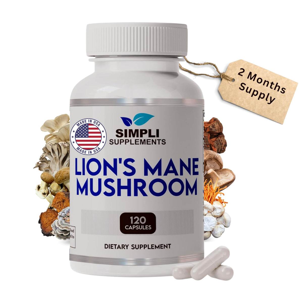 Bottle of Lion's Mane mushroom capsules on white background