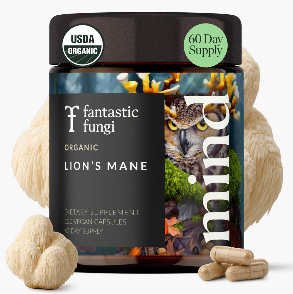 Front view of Lions Mane capsules bottle