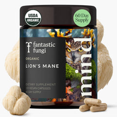 Front view of Lions Mane capsules bottle