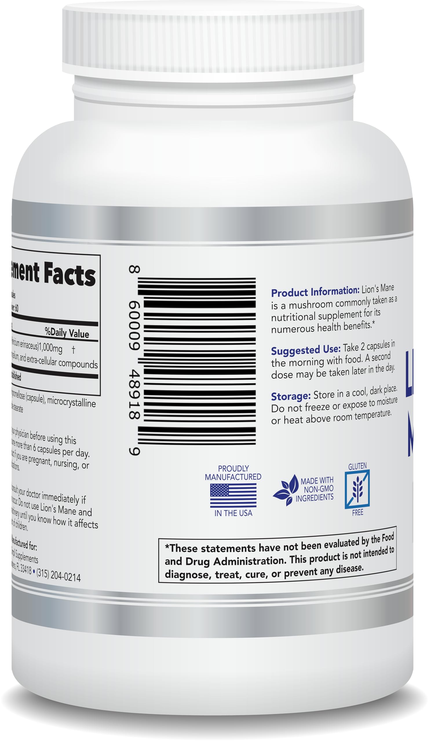Vegan Lion's Mane capsules bottle with label