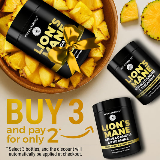 Graphic showing Lion's Mane, Ashwagandha and L-Theanine ingredients