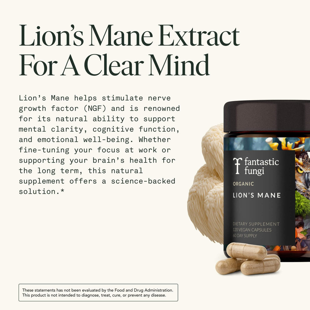 Close-up of Lions Mane label showing organic and vegan claims
