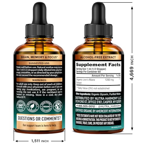 Lions Mane Liquid bottle back panel with dosage information