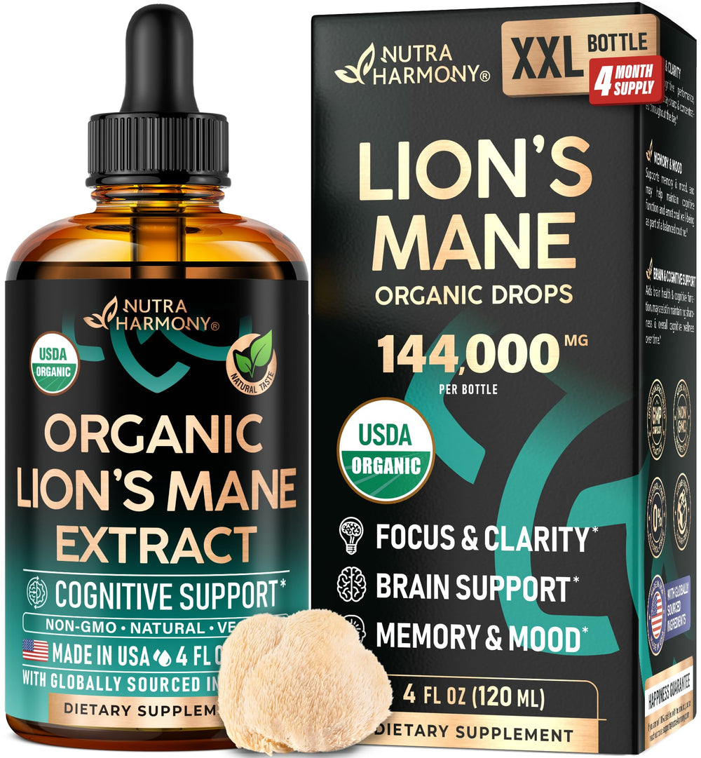 Bottle of Lions Mane Liquid supplement on white background