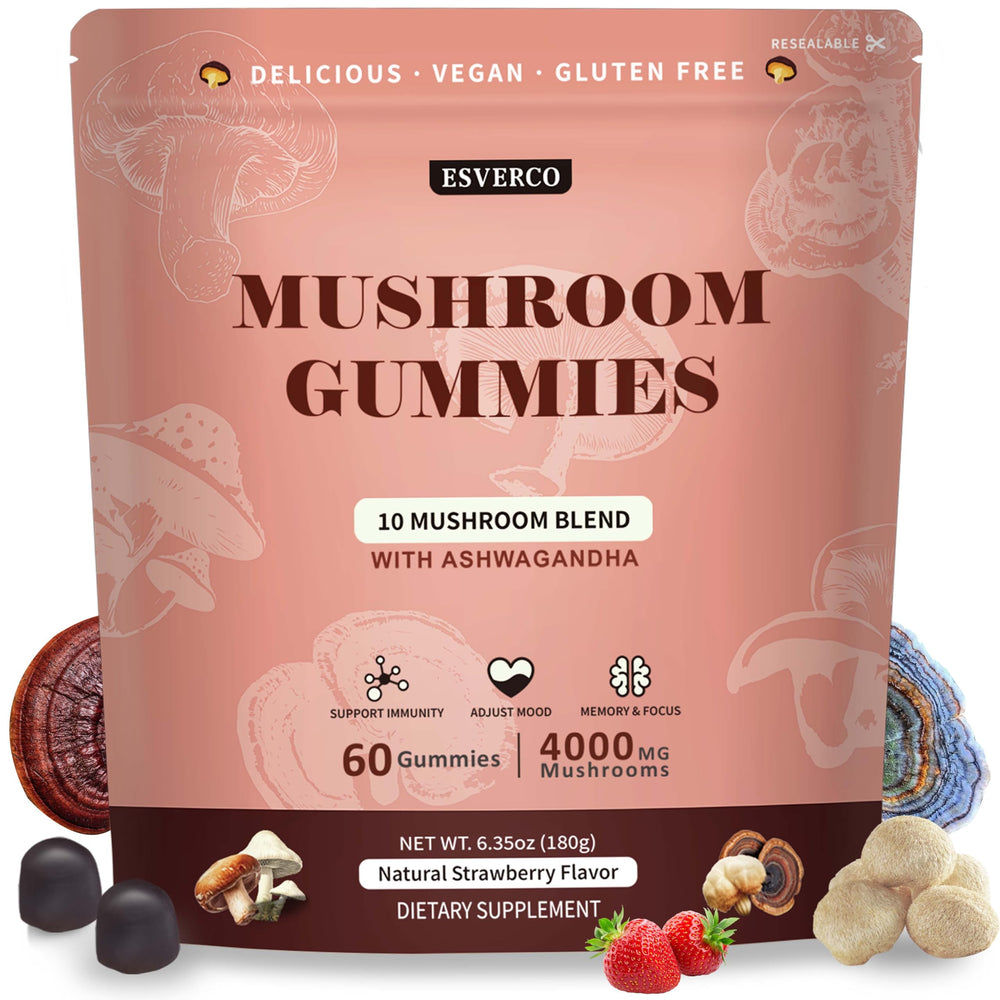 Lions Mane Mushroom Gummies with Ashwagandha bottle and 60-count label