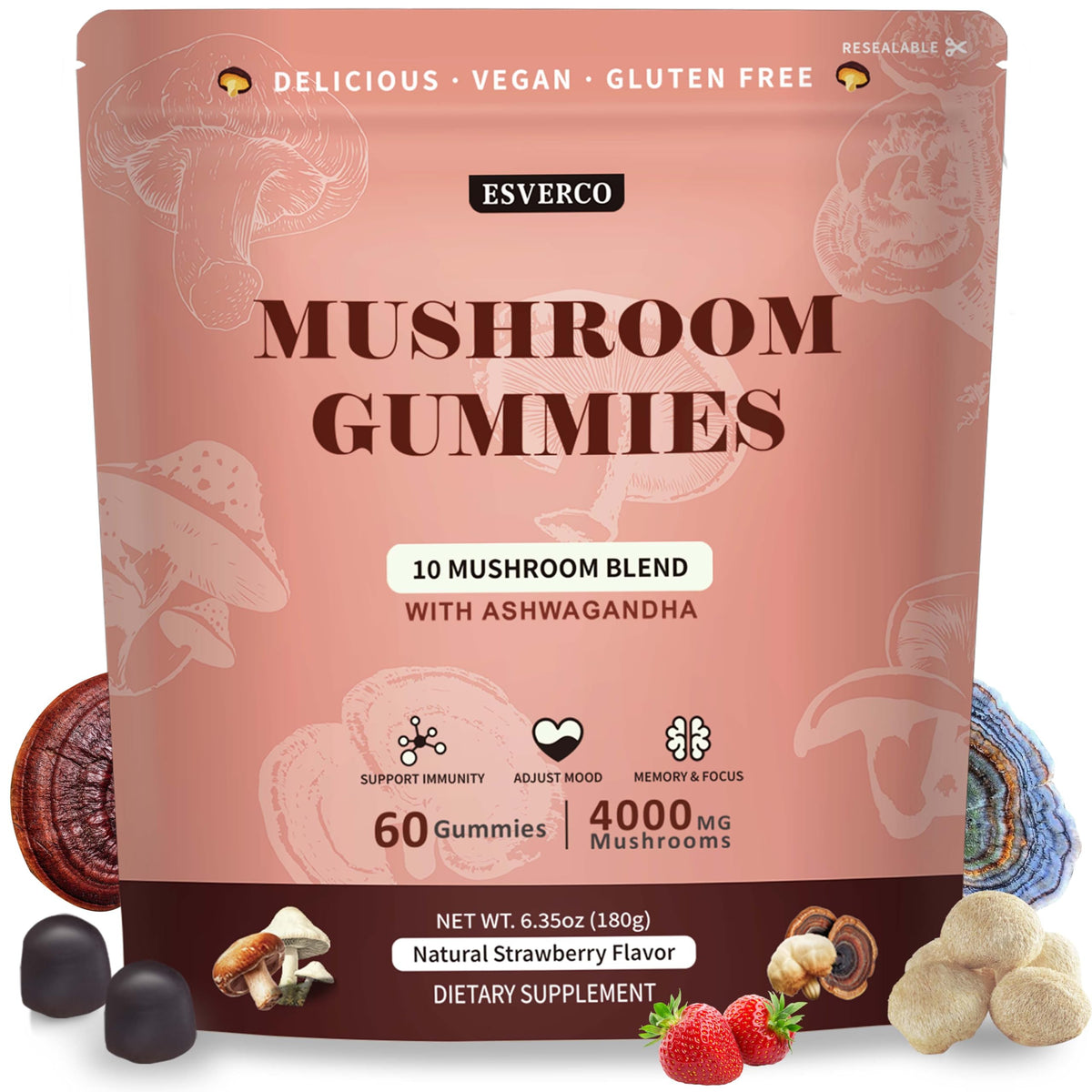 Lions Mane Mushroom Gummies with Ashwagandha bottle and 60-count label
