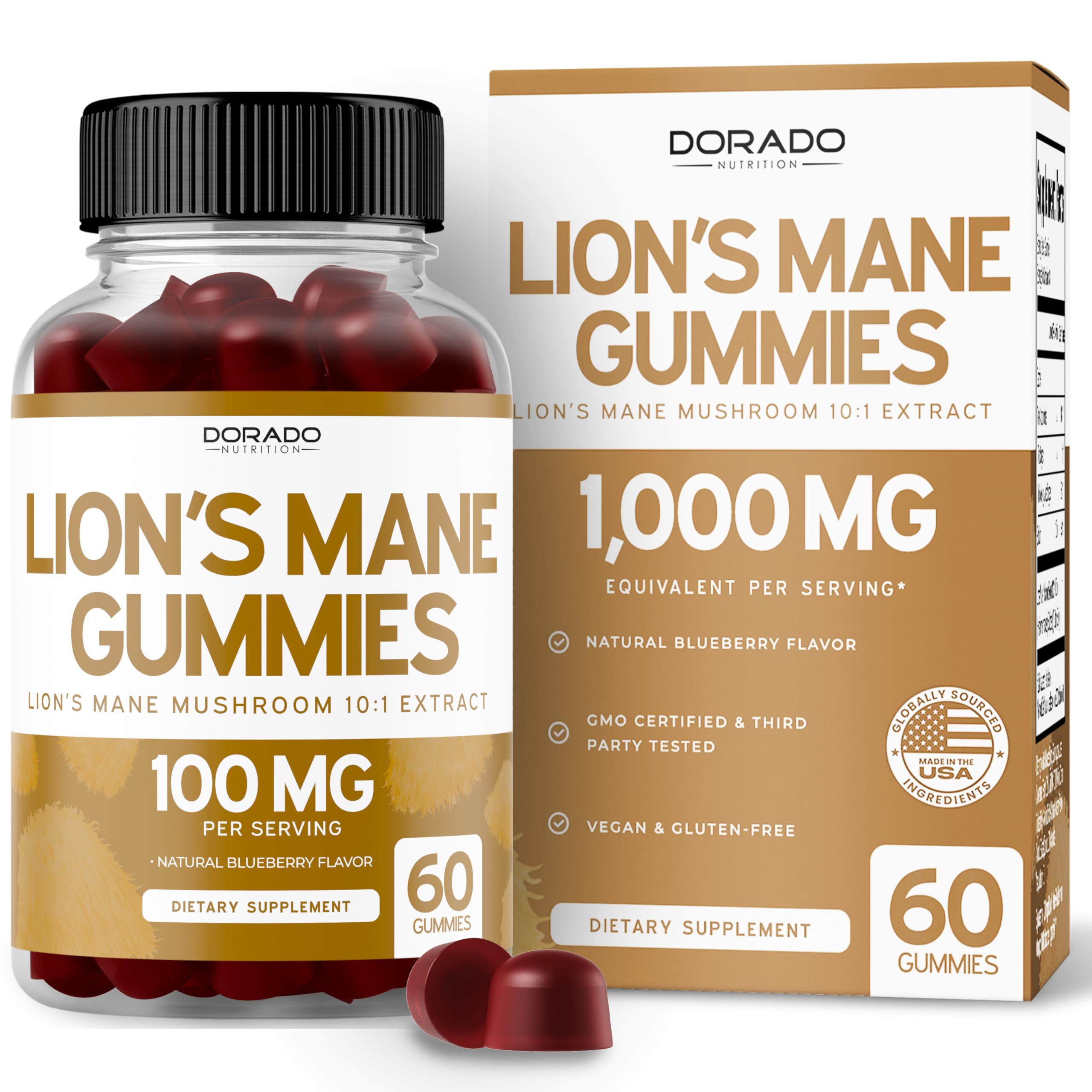 Hero image showing Lions Mane Mushroom Gummies in blueberry flavor, 60 count bottle