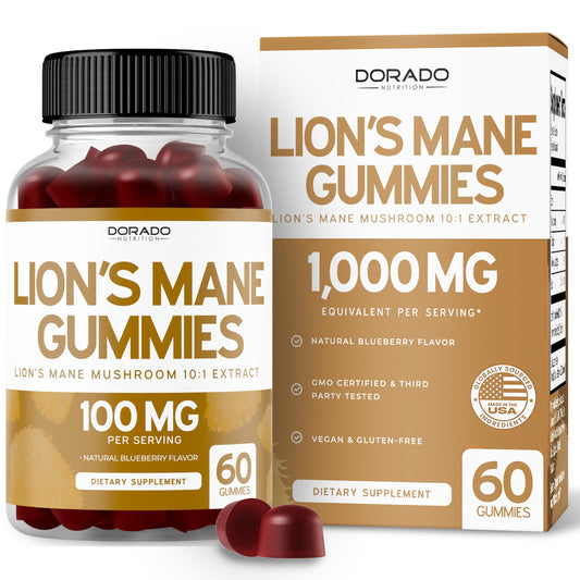 Hero image showing Lions Mane Mushroom Gummies in blueberry flavor, 60 count bottle