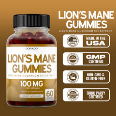 Lions Mane Gummies packaging and bottle on a clean surface